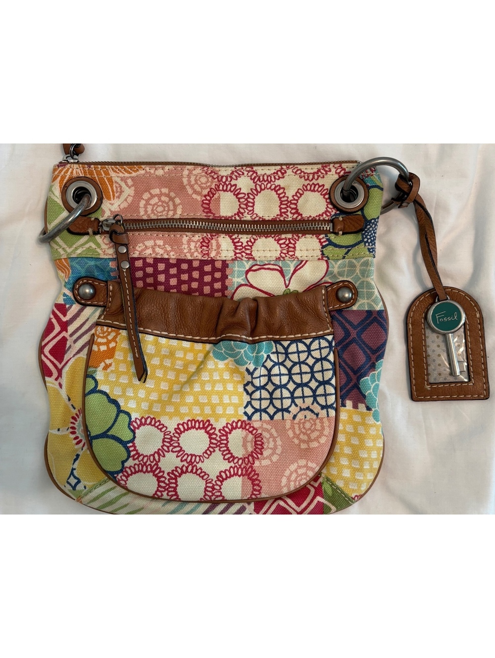 Fossil Patchwork Floral Canvas Crossbody Bag Leather Trim Key Charm Bo